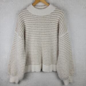 Liz Claiborne 2X Sweater Pullover Balloon Sleeve Off White Gold Striped Winter